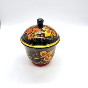 Vintage russian khokhloma lacquered wood covered jar
